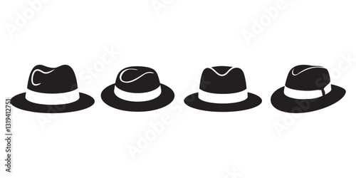 Set of black and white hats including bowler, fedora, and cowboy styles, showcasing vintage and classic fashion accessories