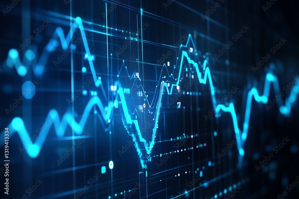 Blue financial growth chart with data lines and graphs on dark background 3D Rendering Blue financial growth chart with data lines and graphs on dark background 3D Rendering