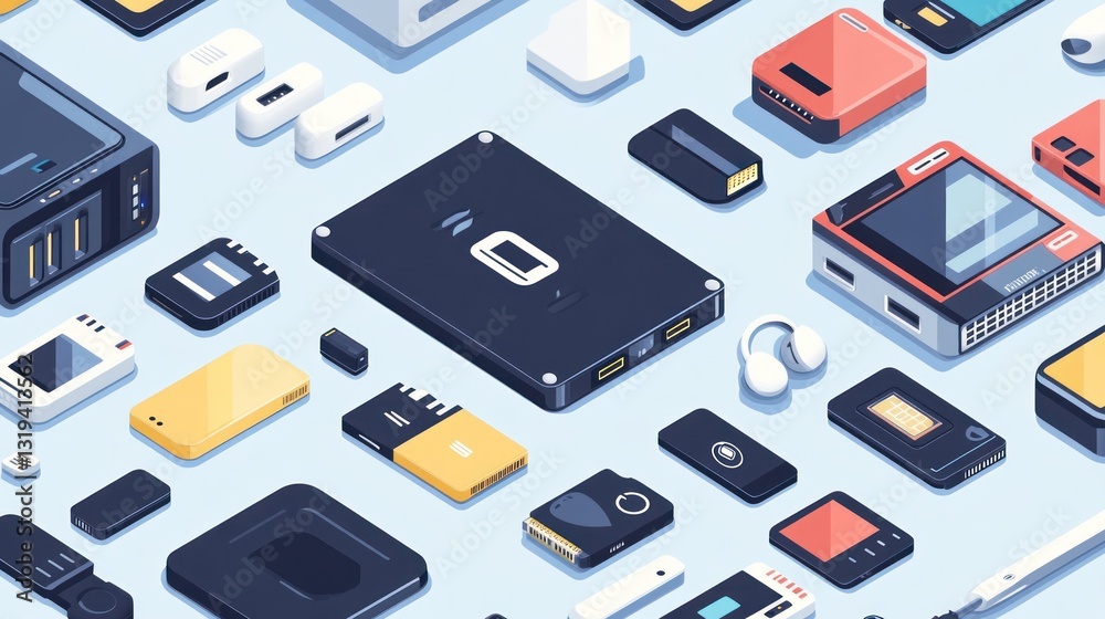 Tech evolution isometric view of data storage devices Tech evolution isometric view of data storage devices
