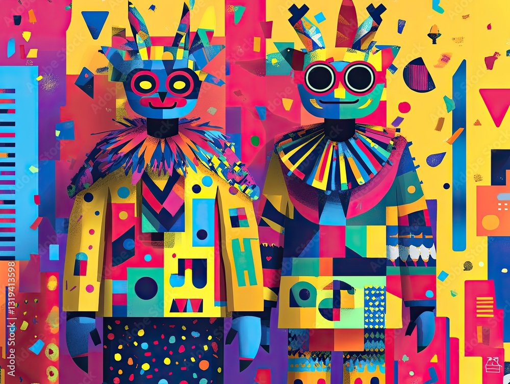 Two colorful figures wearing abstract costumes celebrating carnival. Ai generated