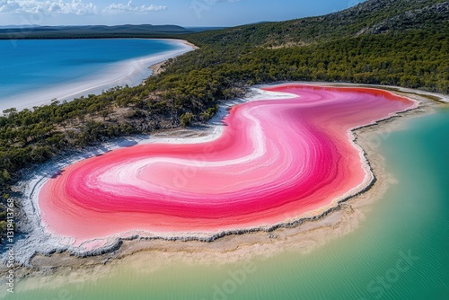 Hutt lagoon displaying vibrant pink color under a blue sky in western australia