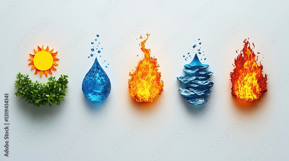 Earth, water, fire, air and sun: five natural elements balancing nature. Ai generated