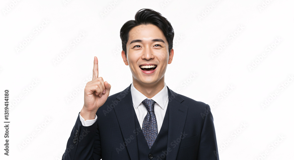 Smiling Businessman in Suit Gesturing Idea on White Background Smiling Businessman in Suit Gesturing Idea on White Background