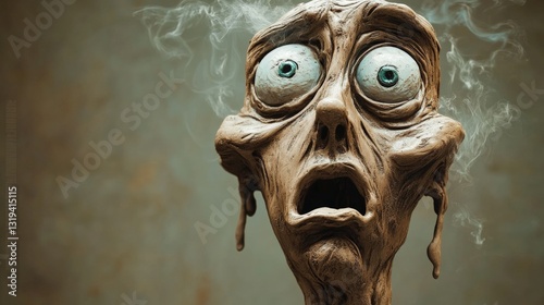 Disturbing sculpture melting and screaming with smoke coming out of its head