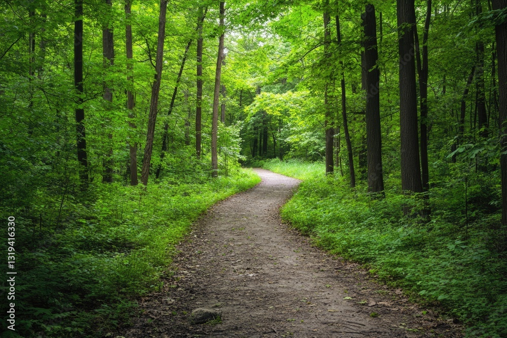 Lush Pathway Embraced by Dense Greenery in Northwest Indiana's Flourishing Forest Lush Pathway Embraced by Dense Greenery in Northwest Indiana's Flourishing Forest