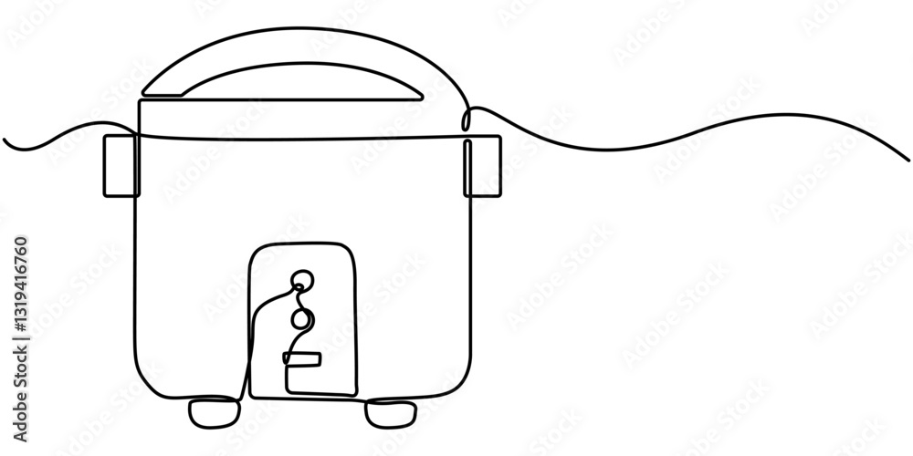 Fototapeta premium Continuous one line drawing rice cooker. Home appliances concept. Single line draw design vector graphic illustration, Single continuous line drawing of rice cooker. Electronic small home business. 