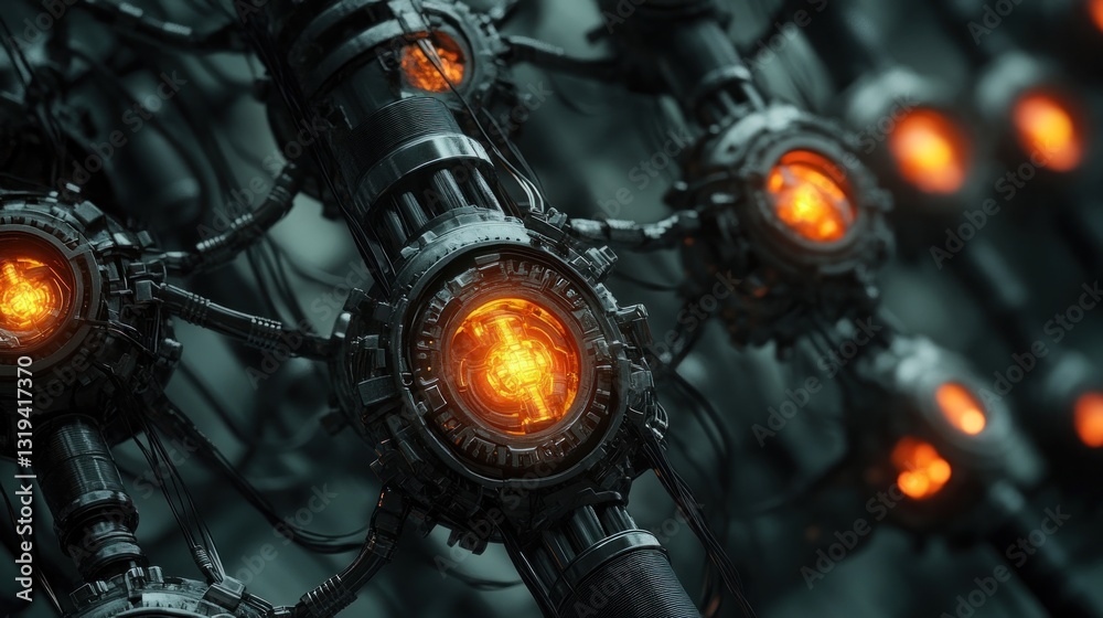 Fototapeta premium Cyberpunk Network: Glowing Orange Nodes in a Dark Metallic Framework