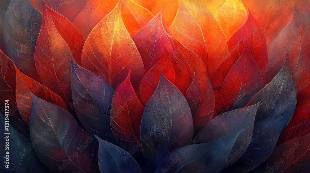 Vibrant autumn leaves in a fiery sunset glow Vibrant autumn leaves in a fiery sunset glow
