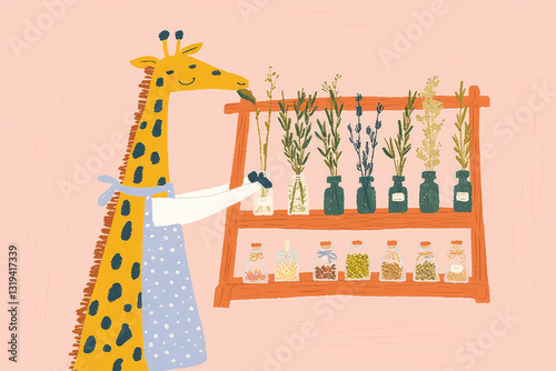 whimsical illustration of giraffe arranging dried herbs on wooden rack, showcasing apothecary style rustic charm and playful atmosphere