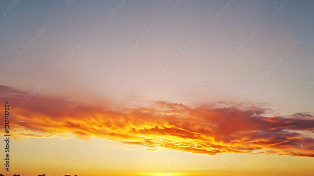 Fototapeta premium Fiery Orange Sunset With Dramatic Cloudscape And Golden Light On The Horizon Illuminating The Evening Sky