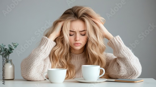 Frustrated blonde woman slumping at table, head in hands near coffee cups, embodying workplace exhaustion and mental overwhelm