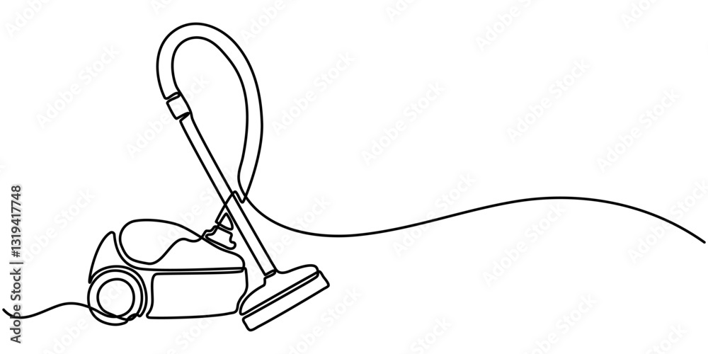Obraz premium Vacuum cleaner continuous line drawing. One line art of home appliance, cleaning, apartment cleaning, smart technology, hoover, continuous one line drawing, vacuum cleaner drawing by one continuous. 