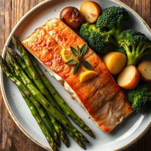 Salmon fillet with asparagus, broccoli and potatoes
