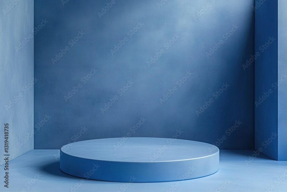 Blue showcase platform for product display, against a textured wall in a minimalist setting Blue showcase platform for product display, against a textured wall in a minimalist setting