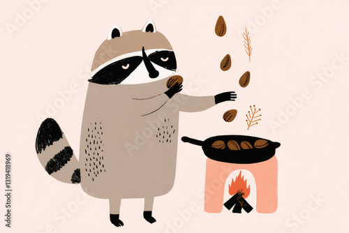 doodle hand drawn illustration of raccoon roasting nuts in cast iron pan over tiny fireplace, featuring warm autumnal tones and cozy atmosphere