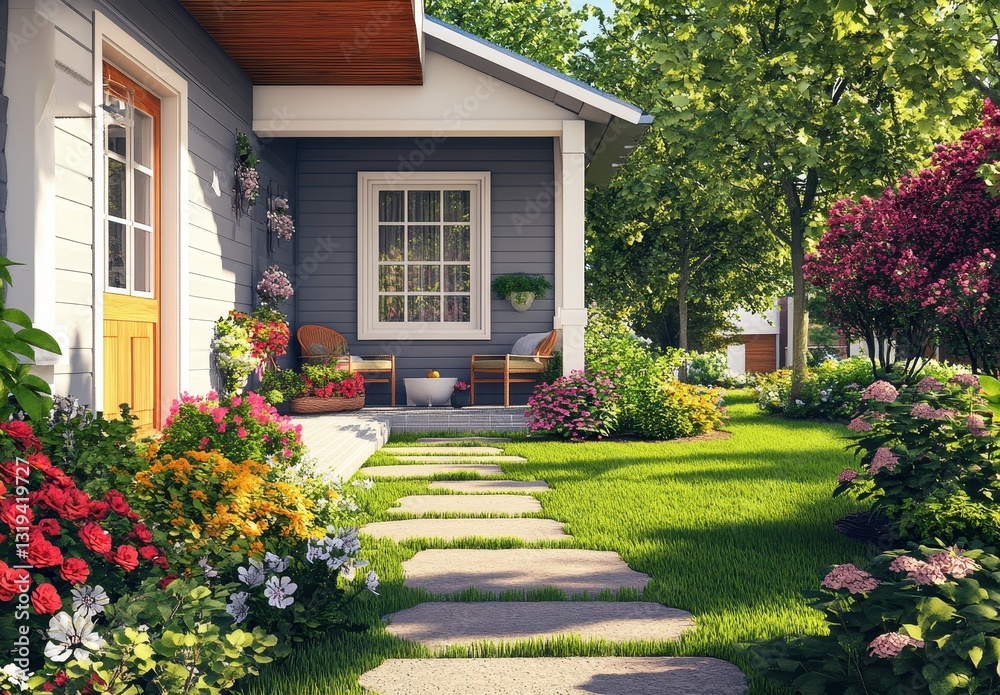 Obraz premium Charming Front Yard with Colorful Flowers, Stone Pathway, and Bright Sunny Day at a Cozy House in Suburbia Surrounded by Lush Greenery