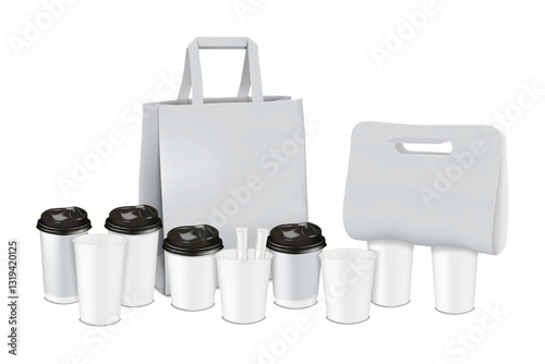 Takeaway drink set. 3d vector mock-up. Takeout coffee cup carrier, disposable paper mugs, sugar stick sachet packets, paper bag with handle. Realistic mockup. Template for brand design. Easy editable
