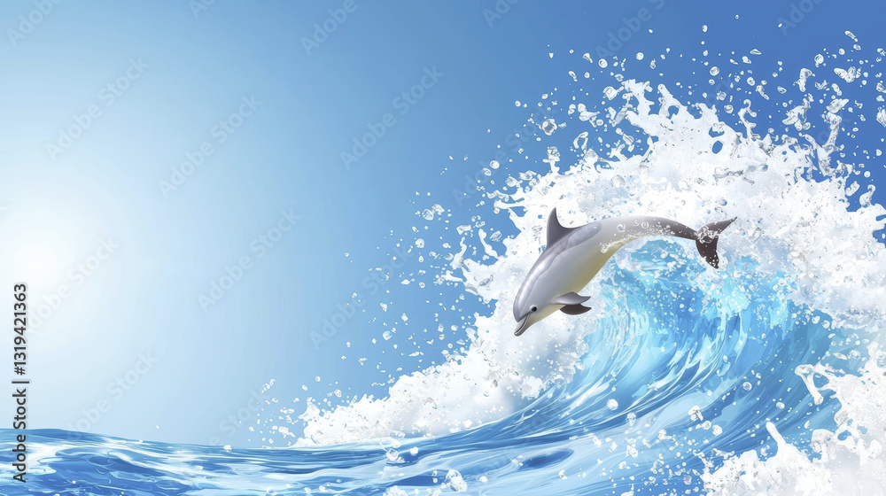 Fototapeta premium dolphin leaps gracefully above vibrant blue ocean wave, creating splashes of water under clear sky