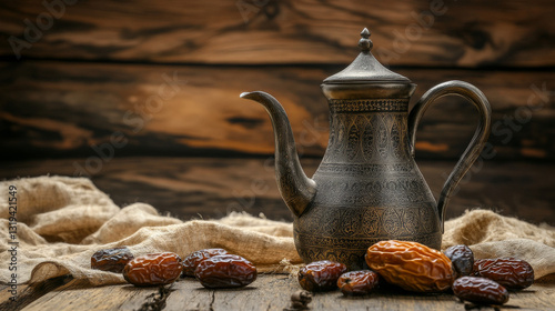 dallah is a metal pot with a long spout designed specifically for making Arabic coffee, Saudi coffee wood background, arabic coffee and dates. photo