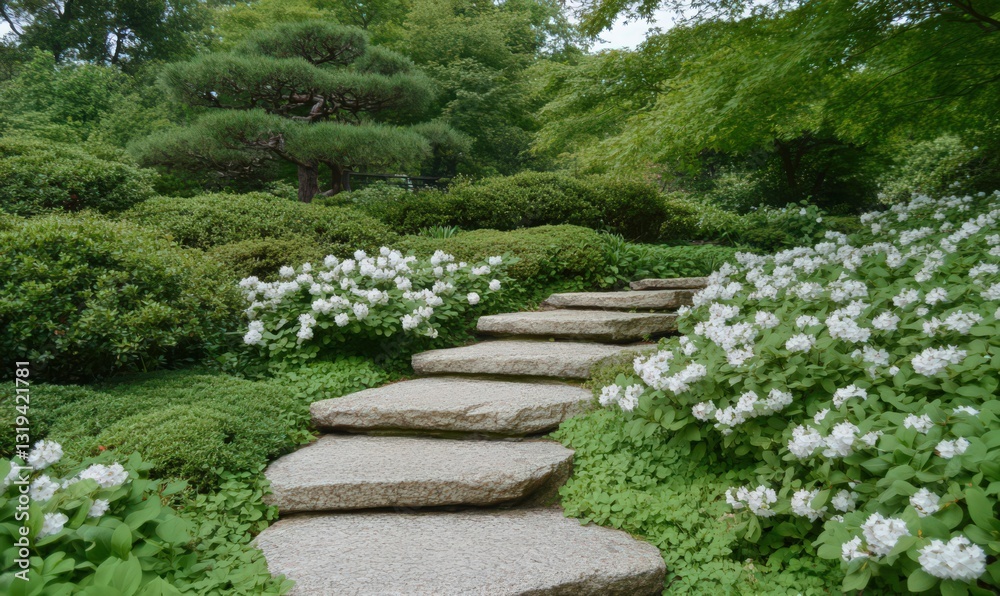 Stone Path Winding Through a Lush Garden with White Flowers Stone Path Winding Through a Lush Garden with White Flowers