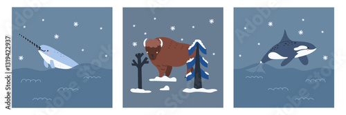 Narwhal, whale and bison. Cold ocean or forest winter animal. Huge underwater fish. Swimming marine mammal. Childish decorative print. Vector cartoon flat style isolated illustration
