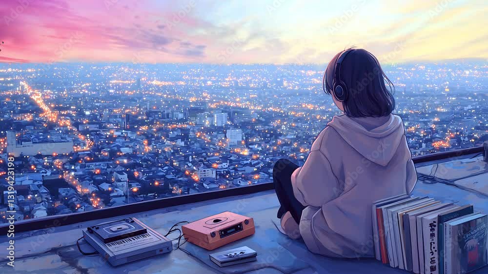 Girl listening to music with city view. Seamless looping time lapse animation video background, lo-fi art.
 Dusk. Seamless looping time lapse animation video background, lo-fi art.
