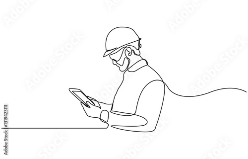 Continuous line drawing of cunstruction worker with blue print paper, Building Construction worker in continuous One line drawing.  Trendy continuous line draw design graphic vector illustration.