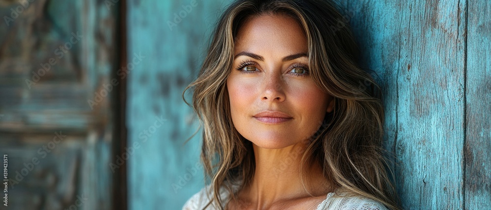 Obraz premium A woman with long brown hair and brown eyes is standing in front of a blue door