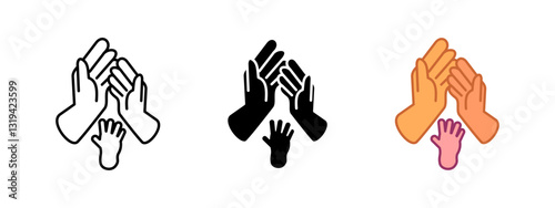 Family icon. Birth of a child symbol. Hands of different sizes stacked together in unity vector illustration. Family relationships sign. Care and mutual help pictogram. Family bonding concept.