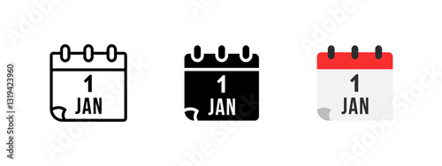 New Year calendar icon. January 1st date page vector illustration. Event reminder and schedule planning symbol. Holiday celebration and time management concept.