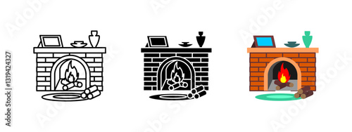 Fireplace icon. Cozy home interior with burning fire and decorations vector illustration. Traditional chimney with firewood pictogram. Warm and inviting living space sign. House heating concept.