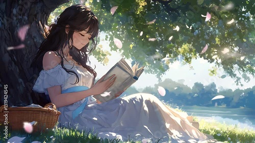 Wallpaper Mural Girl reading book under tree by a lake. Seamless looping time lapse animation video background, lo-fi art.
 Torontodigital.ca