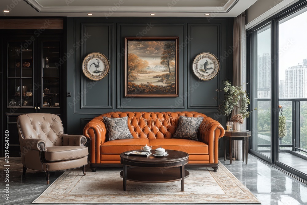 Fototapeta premium Elegant living room with a tufted orange sofa decorative plates and a scenic painting creating a sophisticated and inviting space