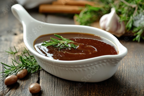 Elegant Gravy Vessel Filled with Luscious Brown Sauce Perfect for Enhancing Your Vegetarian Dishes