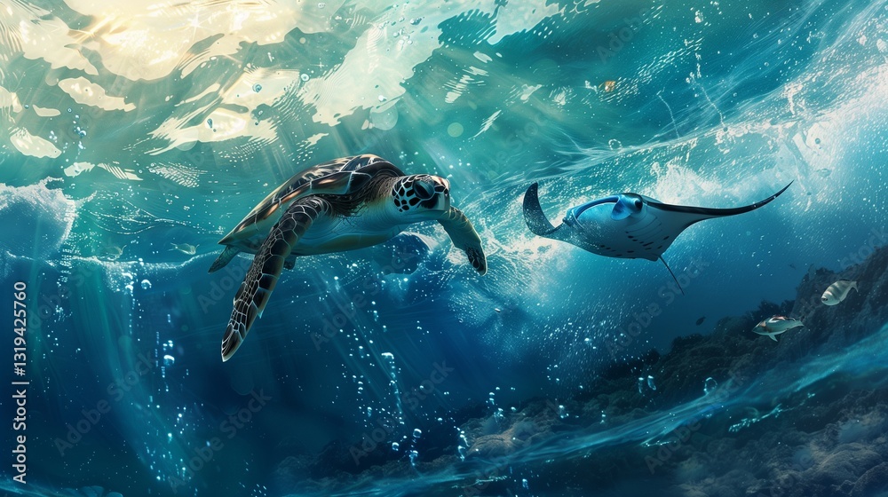 Fototapeta premium A sea turtle and a manta ray gliding together under the sparkling surface of the waves