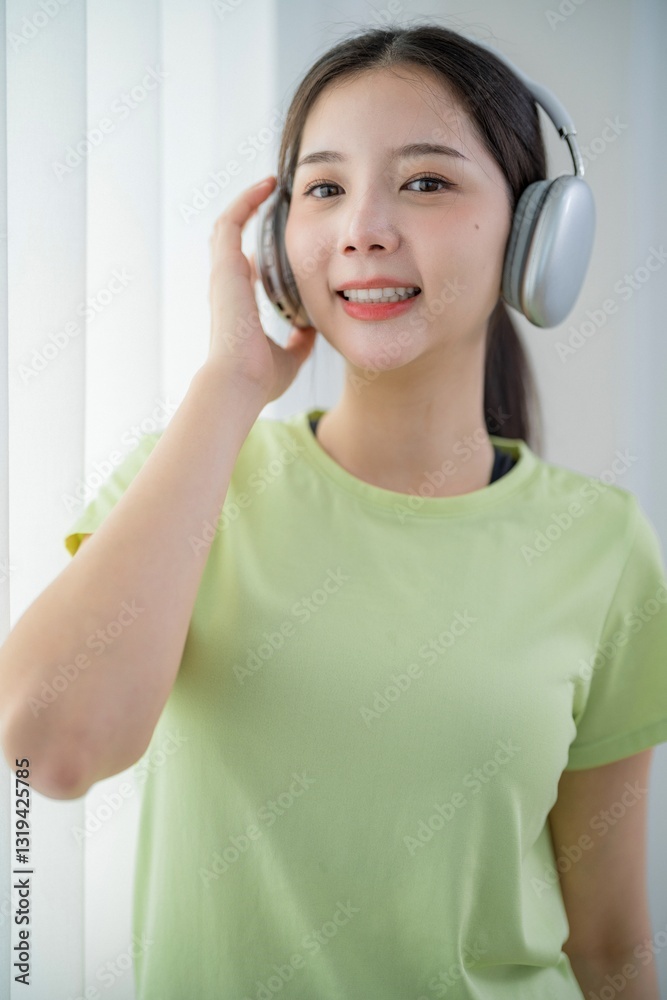 Young girl enjoys music while wearing headphones in a bright room filled with natural light Young girl enjoys music while wearing headphones in a bright room filled with natural light
