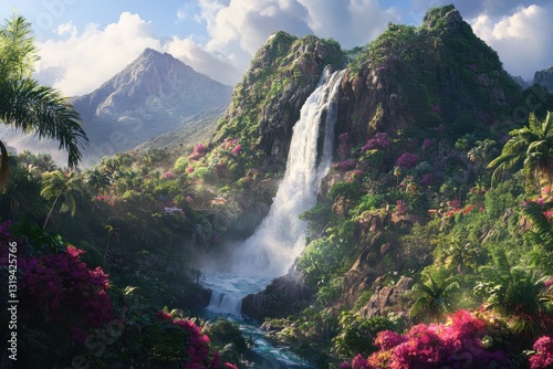 A dramatic waterfall cascading down a lush green mountainside