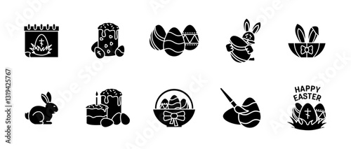Easter icon set black. Collection of holiday symbols - eggs, Easter bunny, festive basket or Christian cross. Traditional religious celebration vector illustration. Springtime decoration glyph concept