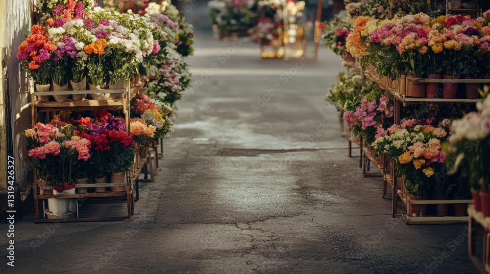 Fototapeta premium Fresh Flower Market Stalls in a Cozy Urban Setting