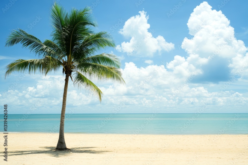 Obraz premium Serene Beach Scene with Palm Tree and Clear Blue Sky