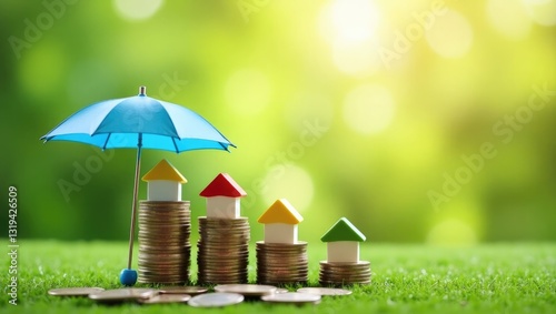 Wallpaper Mural Protection, model house on a pile of coins with an umbrella against a green natural background, finance insurance and safe investment idea. Torontodigital.ca