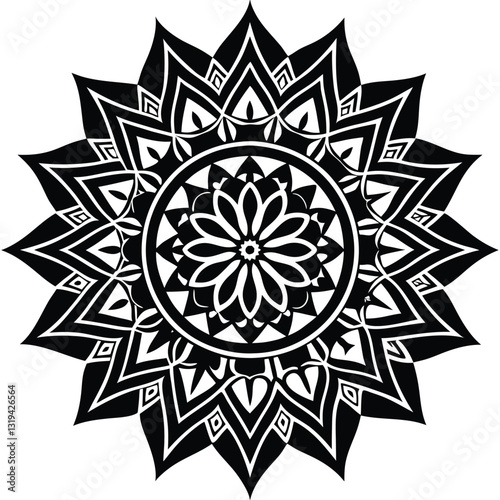 
A minimalist mandala with a central circular motif,
 surrounded by concentric layers of simplistic shapes like squares, triangles,
 and petals. The black line art is clean and bold,
 standing against
