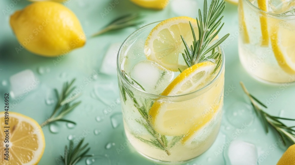 A glass of fragrant lemonade garnished with lemon slices and sprigs of fresh herbs sits on a cool surface. Surrounding lemons add zest, creating a refreshing summer vibe A glass of fragrant lemonade garnished with lemon slices and sprigs of fresh herbs sits on a cool surface. Surrounding lemons add zest, creating a refreshing summer vibe