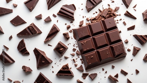 Levitating dark chocolate chunks against a background. An explosion of broken chocolate bar pieces and cocoa crumbs. Top view of chocolate flakes and chips, flat lay.