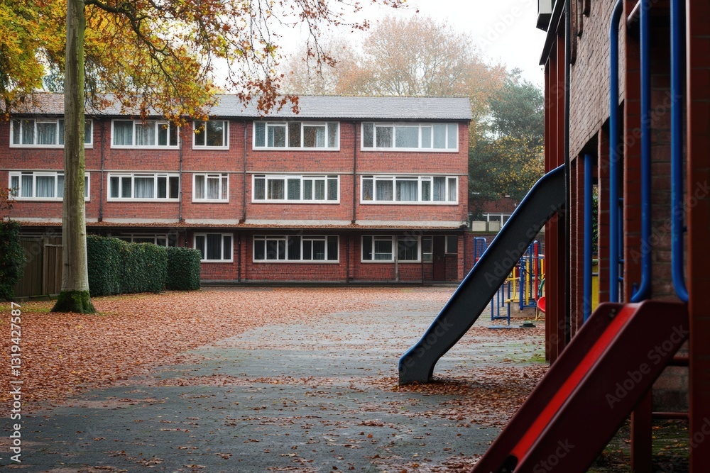 Fototapeta premium Lonely British School: A Quiet Playground Awaiting Young Learners