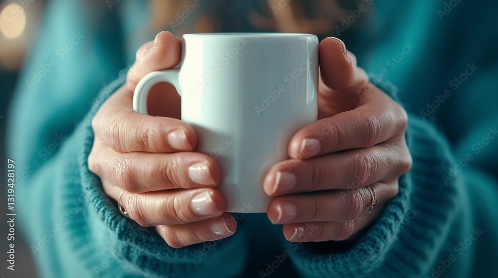 Woman enjoying a warm drink from a white ceramic mug, cozy indoor setting, soft ambient light, casual attire, inviting atmosphere Woman enjoying a warm drink from a white ceramic mug, cozy indoor setting, soft ambient light, casual attire, inviting atmosphere
