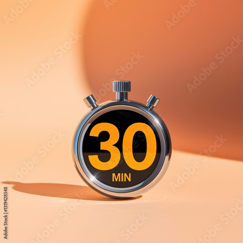 Stopwatch displaying thirty minutes on a soft orange surface, emphasizing the passage of time in a serene environment