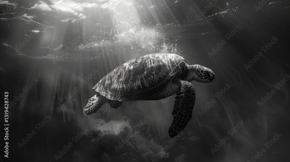 Fototapeta premium A sea turtle diving into the depths, its shell glistening in the refracted light of the waves