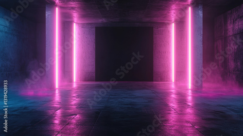 blank black canvas in futuristic neon lit room with pink and blue lights, creating cyberpunk atmosphere