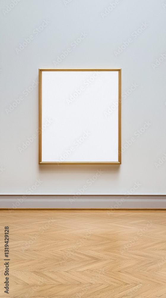 blank canvas in ornate golden frame displayed on light wall with wooden flooring blank canvas in ornate golden frame displayed on light wall with wooden flooring